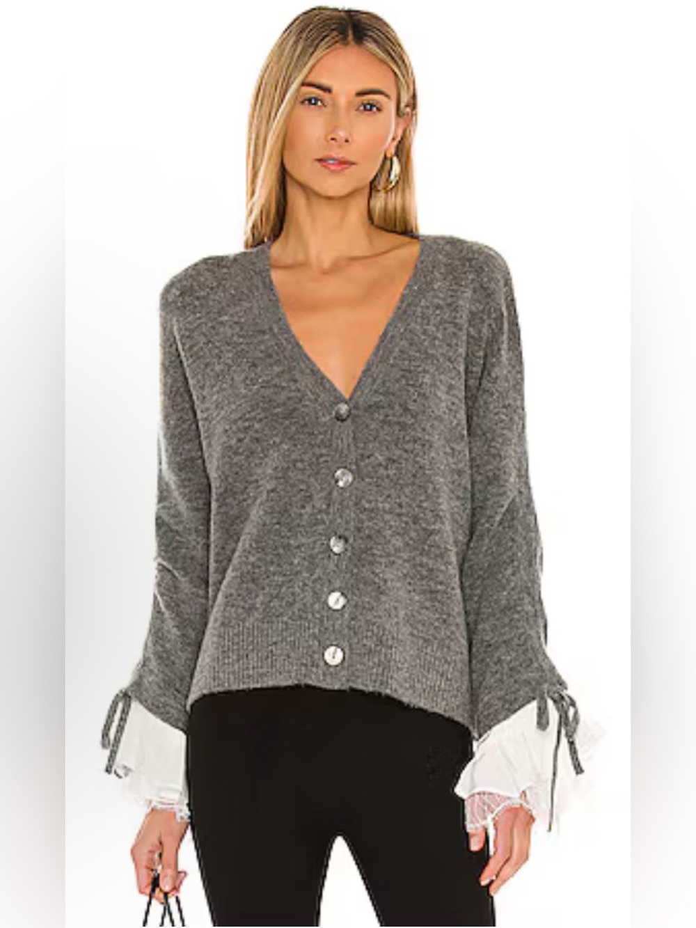 EUC: CINQ À SEPT Wool Blend Atlas Cardigan in Heather Grey w/ Silk Trim, sz XS